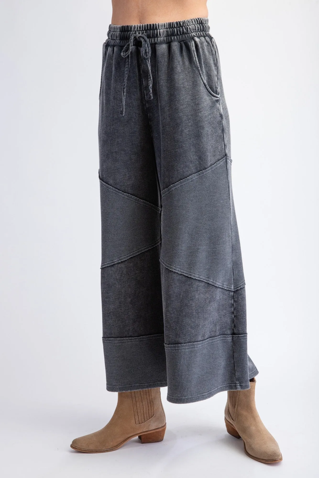Easel Mixed Thermal Knit and Terry Knit Pants in Black
