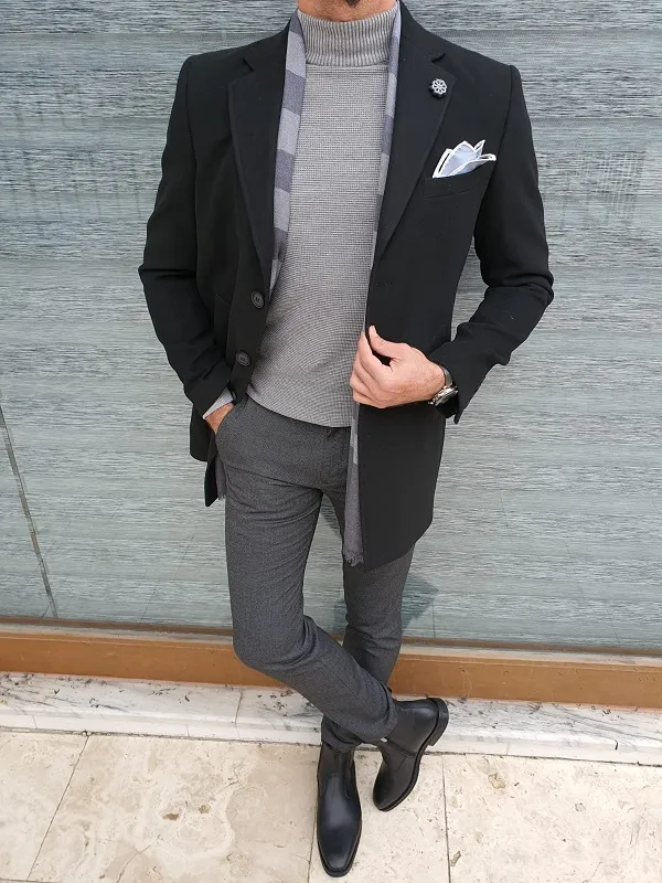 GentWith Lawton Black Slim Fit Single Breasted Wool Long Coat - GENT WITH