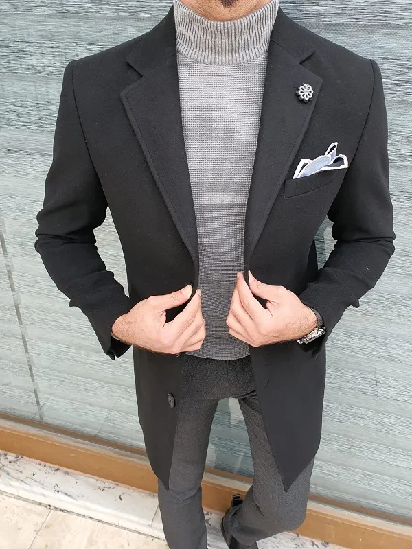 GentWith Lawton Black Slim Fit Single Breasted Wool Long Coat - GENT WITH
