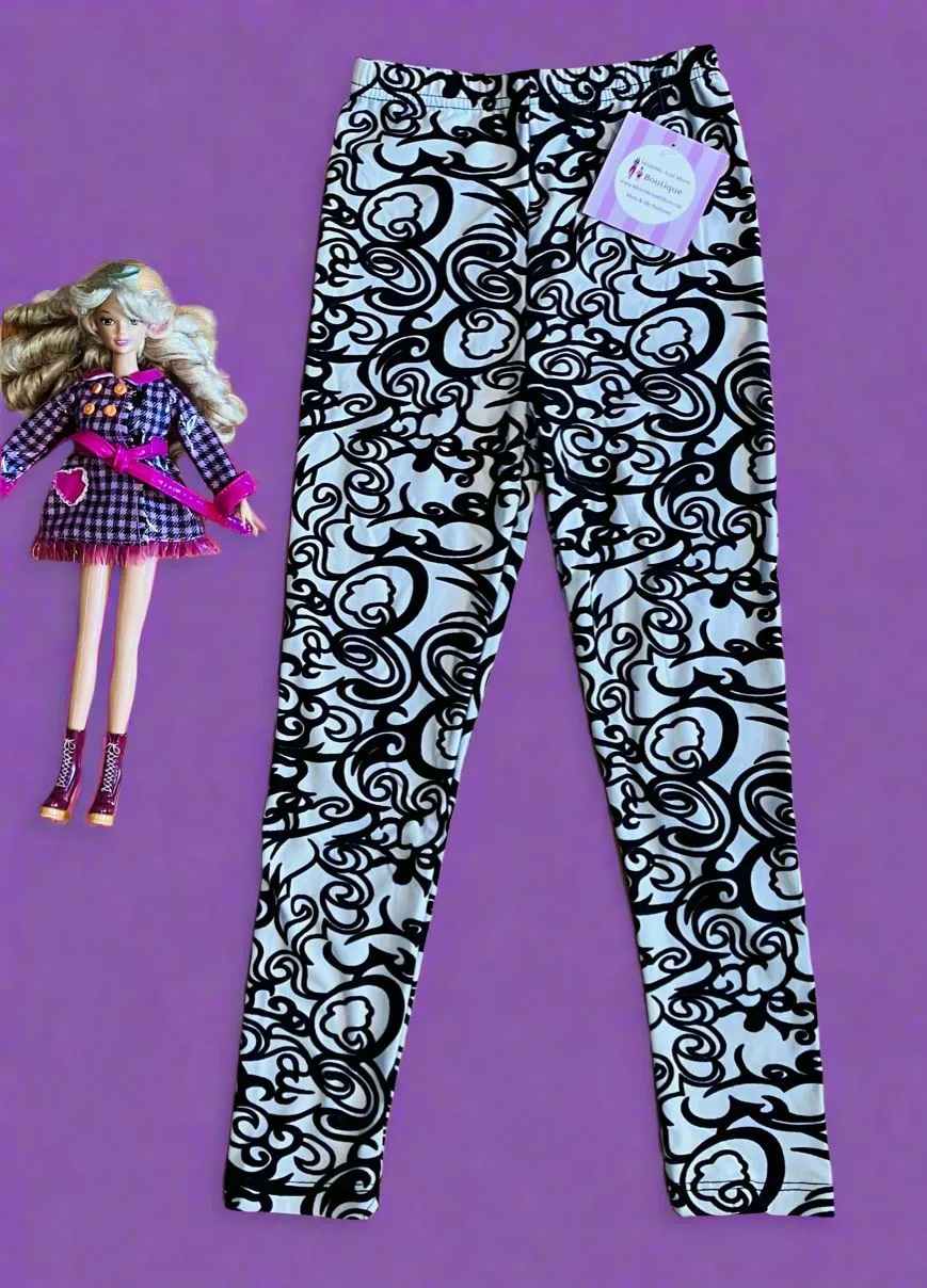Girls Damask Leggings, Kids Yoga Pants, Sizes S/L, No-Roll Waist, Black/White