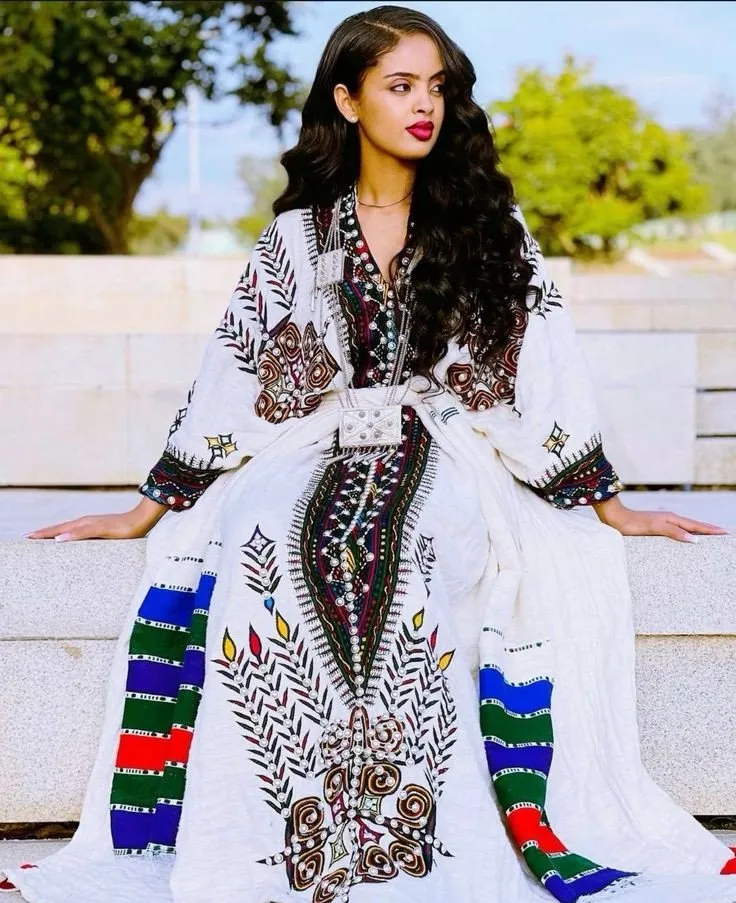 Gojam Cultural Habesha Dress With Dazzling Silver / Rhinestone Artwork Darker Tilet Habesha Kemis Traditional Ethiopian dress Style