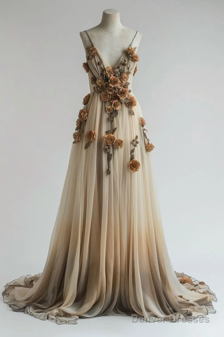 Gradient Champagne V-Neck Chiffon A-Line Prom Dress Three-Dimensional Rose Simple Wedding Dress