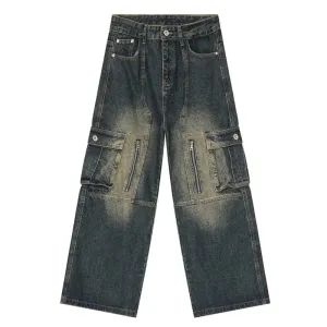 Gradient Color Men's Jeans Vintage Multi-pocket Zipper Baggy Male Denim Cargo Pants Patchwork Men Wide Leg Trousers 9C4513