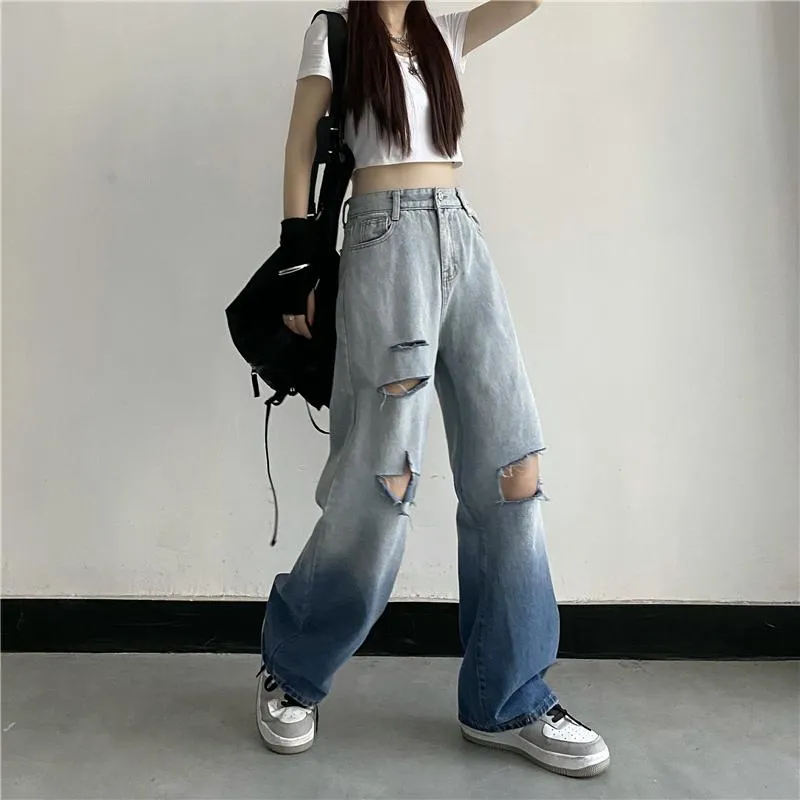 Gradient Washed Ripped Knee Holes Wide Jeans