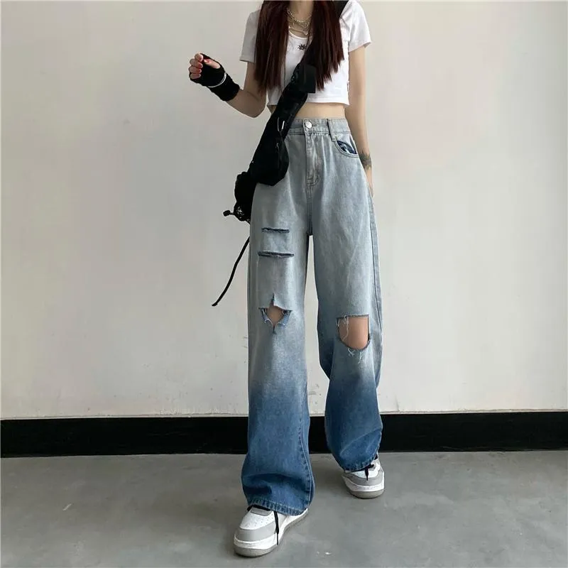Gradient Washed Ripped Knee Holes Wide Jeans