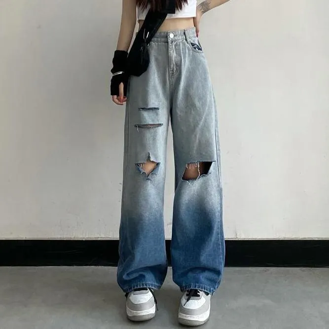 Gradient Washed Ripped Knee Holes Wide Jeans