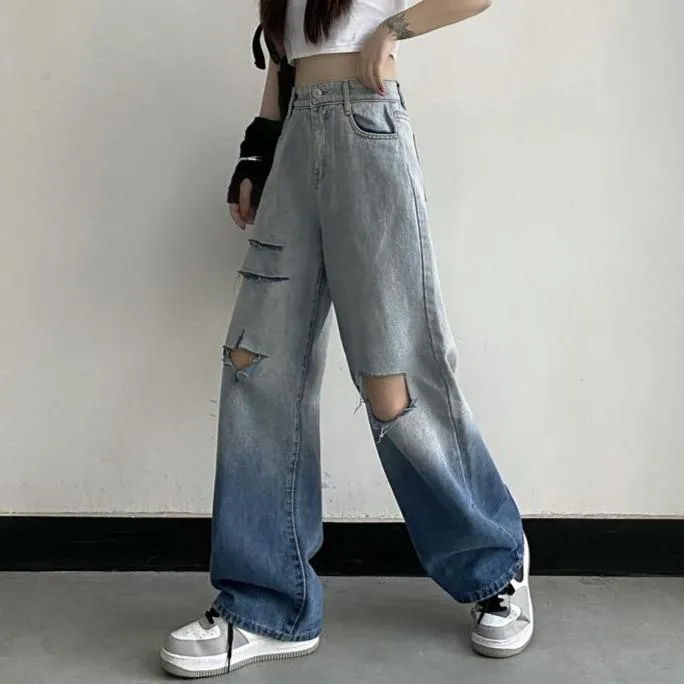 Gradient Washed Ripped Knee Holes Wide Jeans
