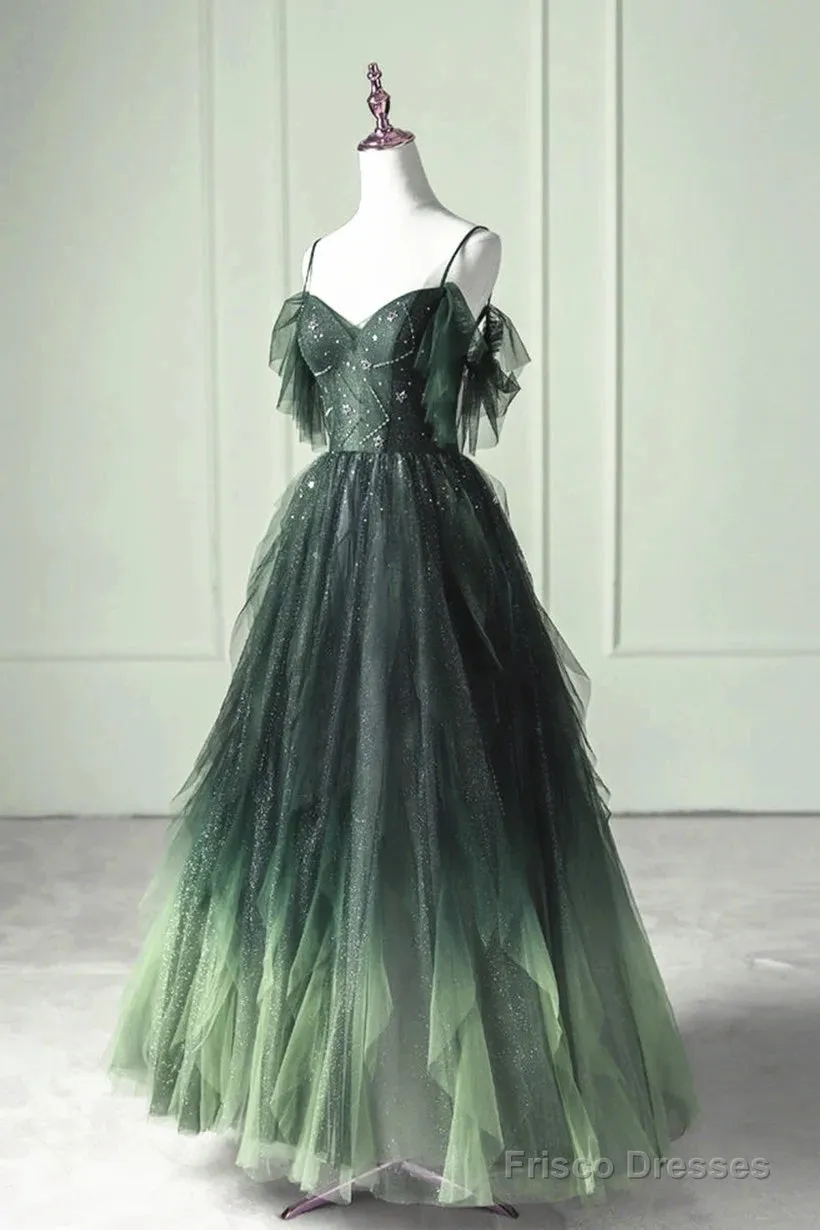 Green Gradient Tulle A-Line Long Formal Dress, Green Beaded Straps Party Dress Prom Dress