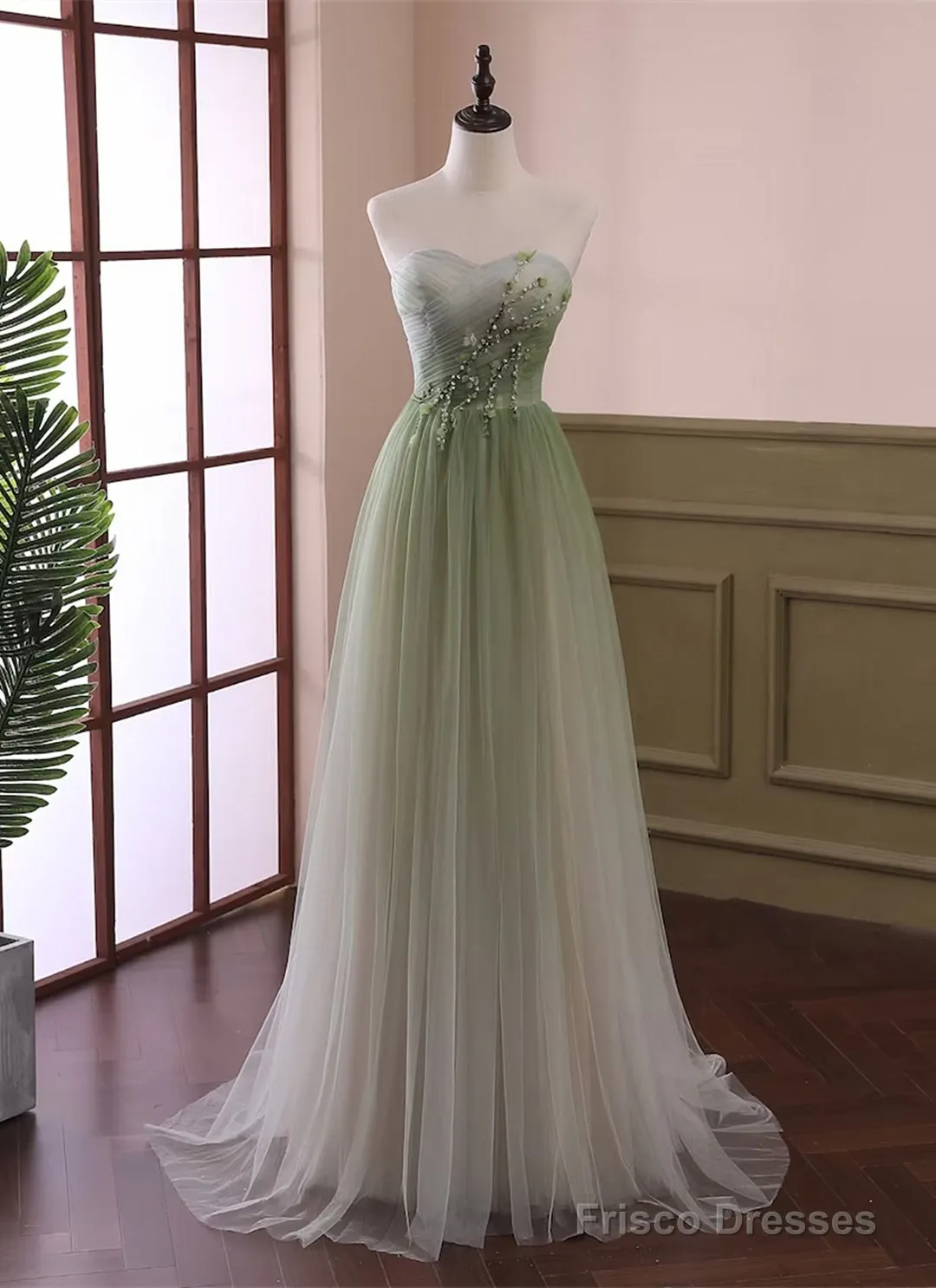Green Sweetheart Gradient Beaded Tulle Floor Length Party Dress, Green Junior Prom Dresses