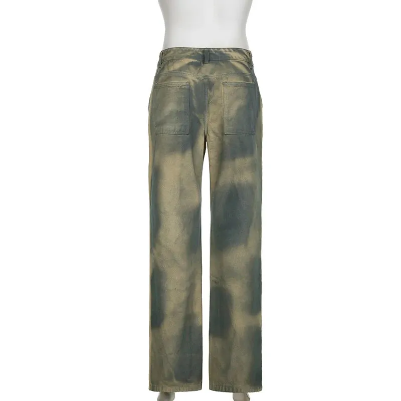 Grunge Gradient Y2K Design Women Jeans Distressed Tie Dye Denim Trousers 2000s Aesthetic Boot Out Pants Vintage Capri