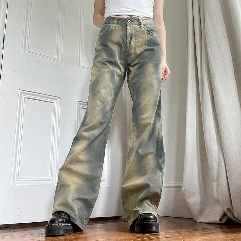 Grunge Gradient Y2K Design Women Jeans Distressed Tie Dye Denim Trousers 2000s Aesthetic Boot Out Pants Vintage Capri