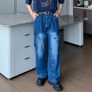 High Street Men's Jeans Big Pockets Worn-out Overall Straight Wide Leg Gradient Color Male Denim Pants Streetwear 9C6306
