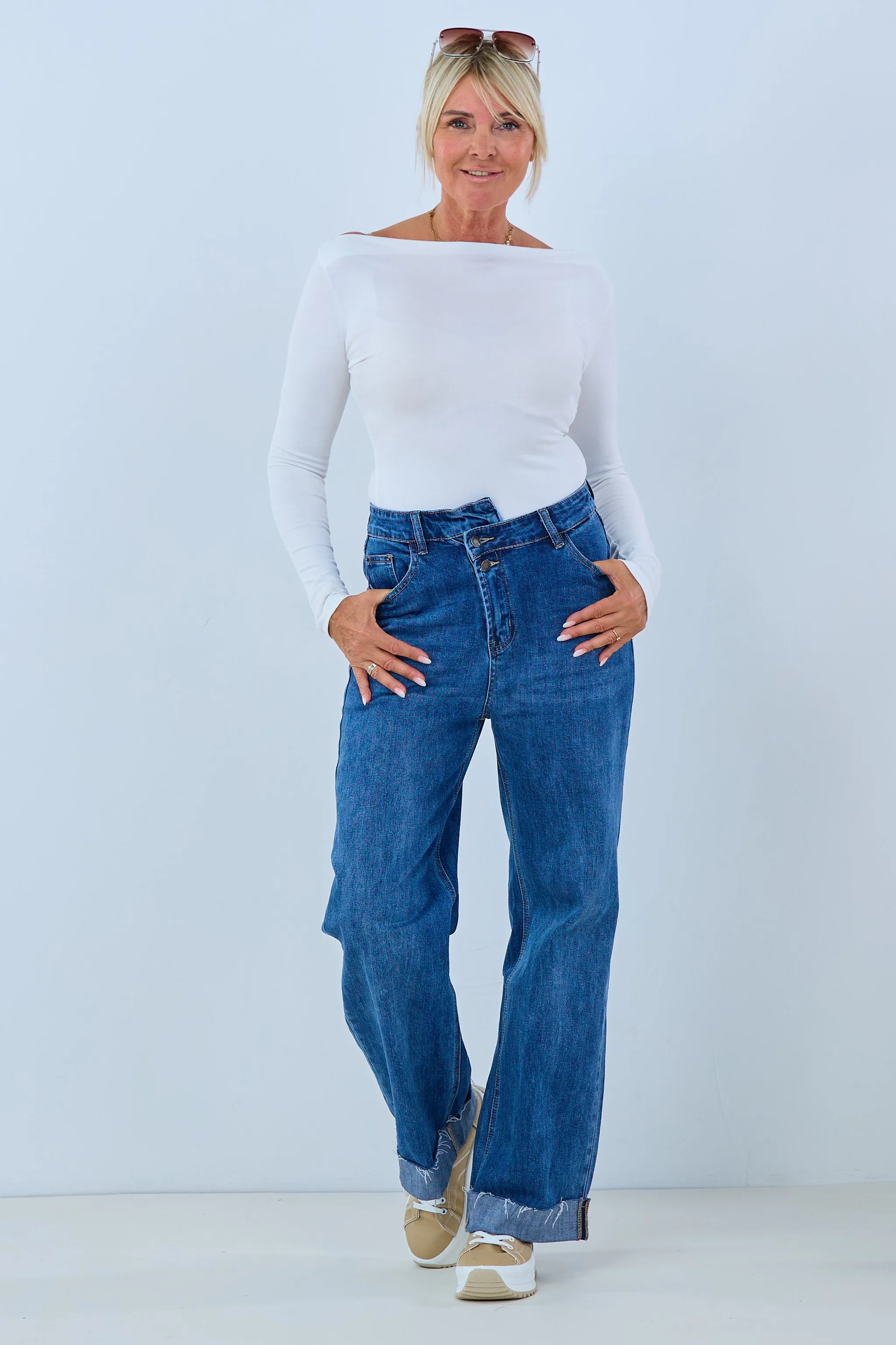 High Waist Jeans mit weitem Bein, denim