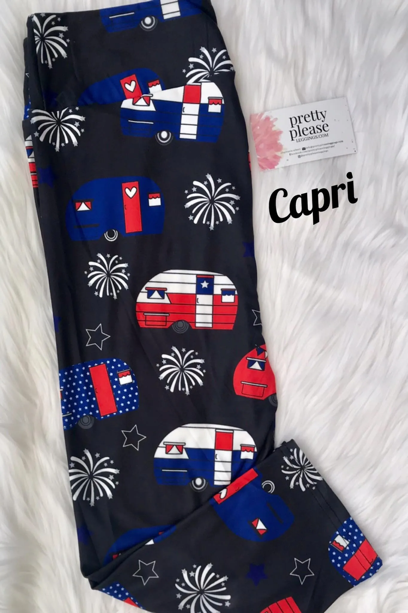 July 4th Flag Vintage Campers Capri SOFT Leggings Red White Blue rts
