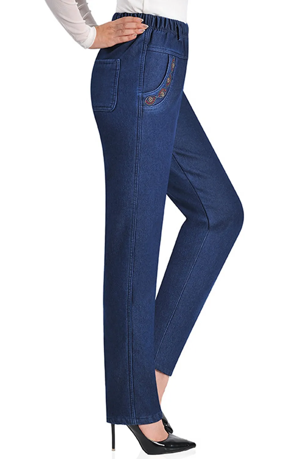 Ketty More Women Awesome Elastic Waist Side Pockets Pretty Solid Colored Alluring Jeans-WJN104573