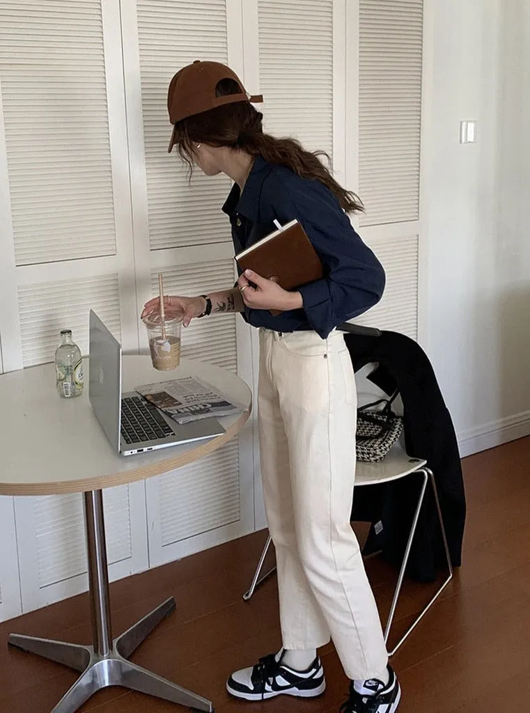 [Korean Style] Cinched Elastic Waist Band Off-white Straight Jeans