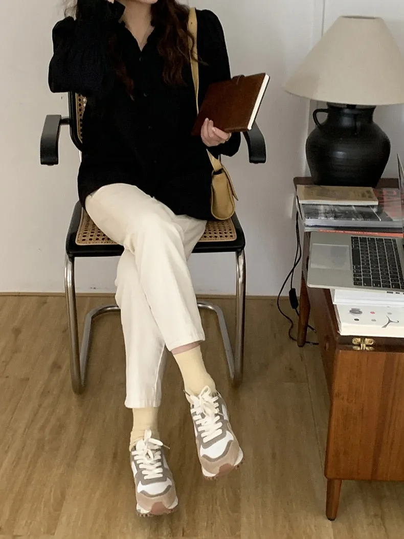 [Korean Style] Cinched Elastic Waist Band Off-white Straight Jeans