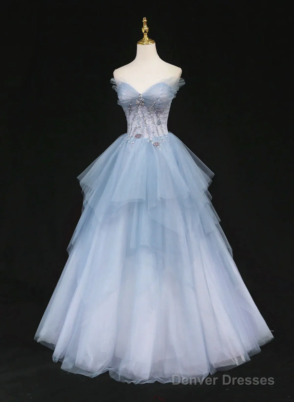 Light Blue Gradient Tulle With Beaded Long Formal Dress, Light Blue Long Prom Dress
