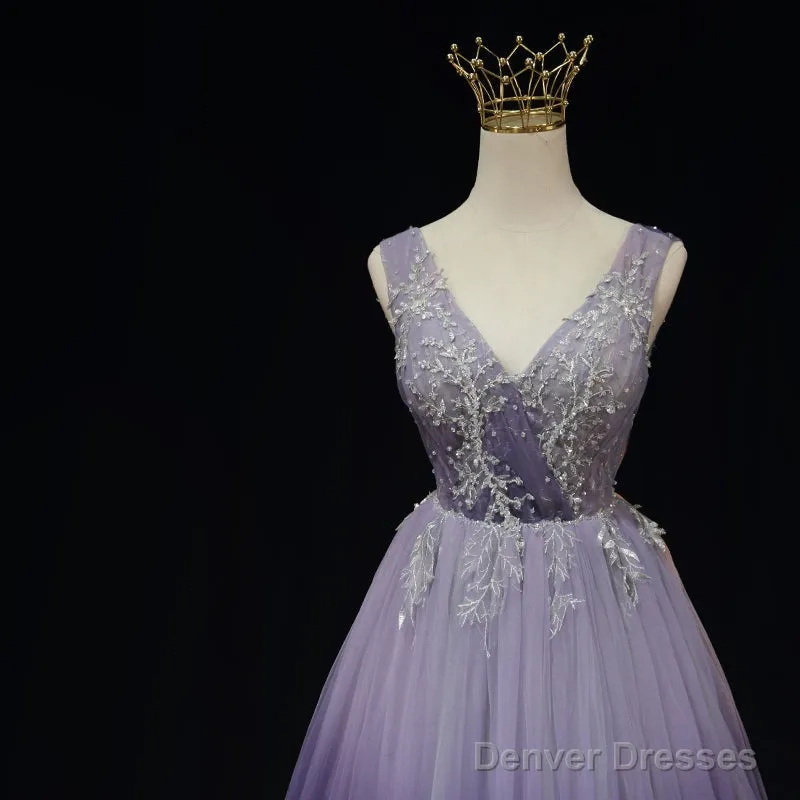 Light Purple Tulle Gradient Lace Applique Formal Dress, Beautiful Long Prom Dress