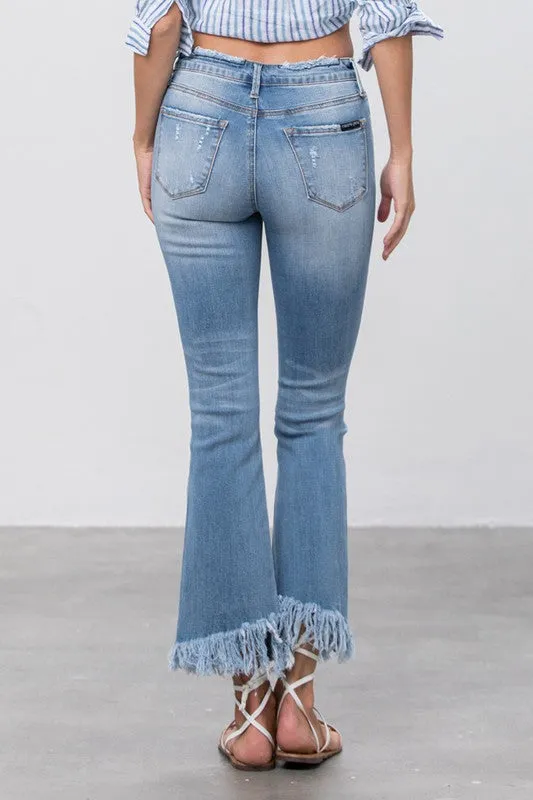 Long Bottom Frayed Crop Flare Jeans