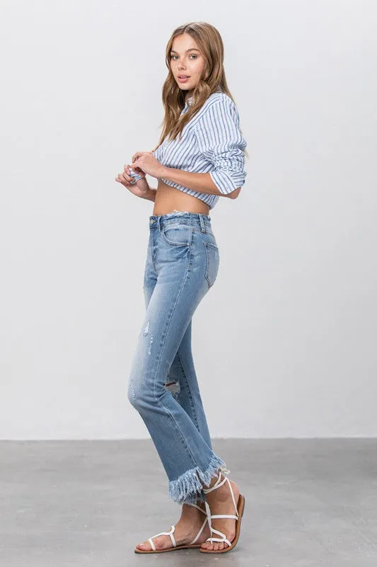 Long Bottom Frayed Crop Flare Jeans