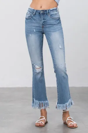 Long Bottom Frayed Crop Flare Jeans