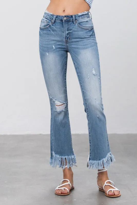 Long Bottom Frayed Crop Flare Jeans