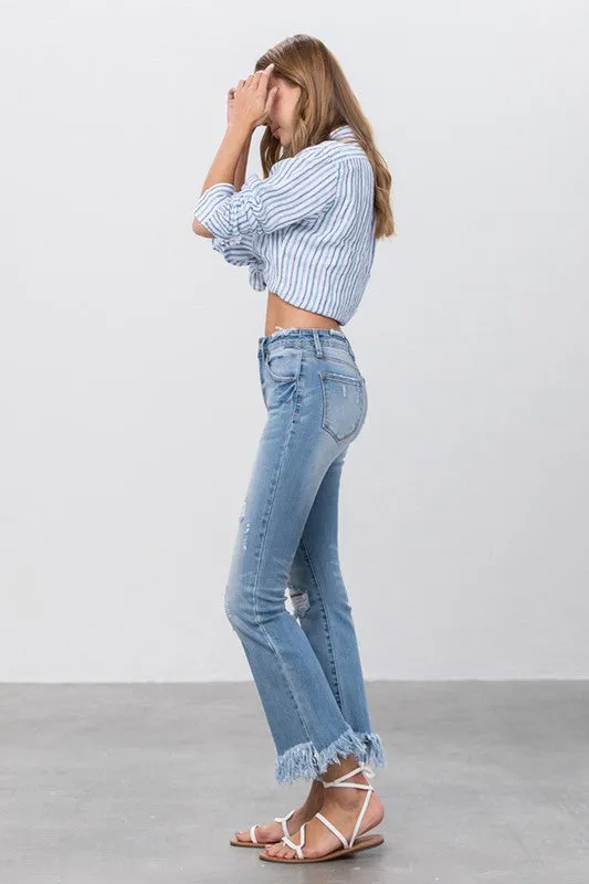 Long Bottom Frayed Crop Flare Jeans