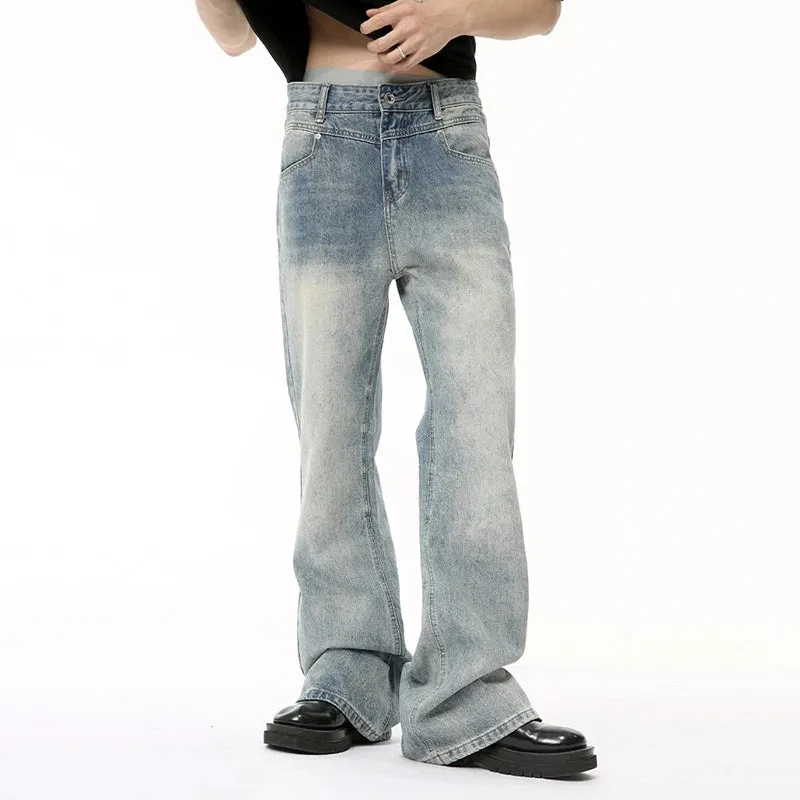 Male Blue Spliced Design Denim Pants Gradient Color New High Street Loose Boot Cut Men's Jeans Summer Trend 9C6688