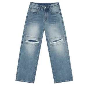 Male Hole Design Denim Pants Personalized Gradient Color Straight Wide Leg Loose Men's Jeans Summer Trendy 9C6675