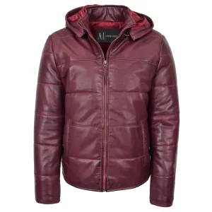 Mens Real Leather Puffer Jacket Fully Padded With Hood DRACO Burgundy