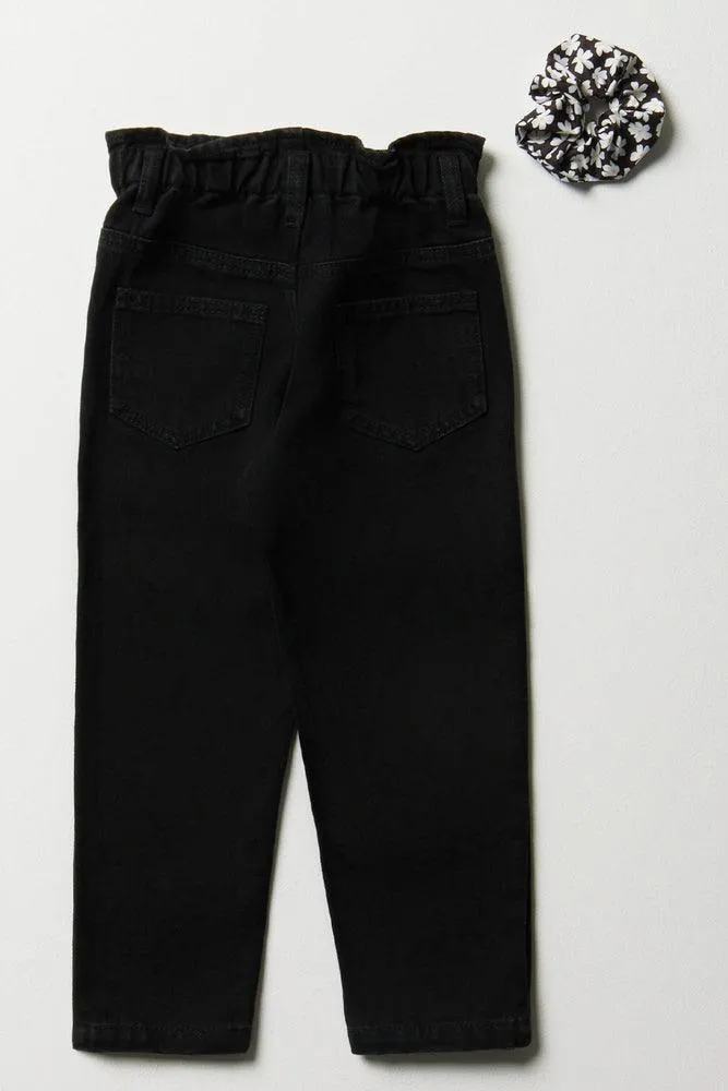Mini Mom Paperbag Denim Jeans With Hair Tie Black