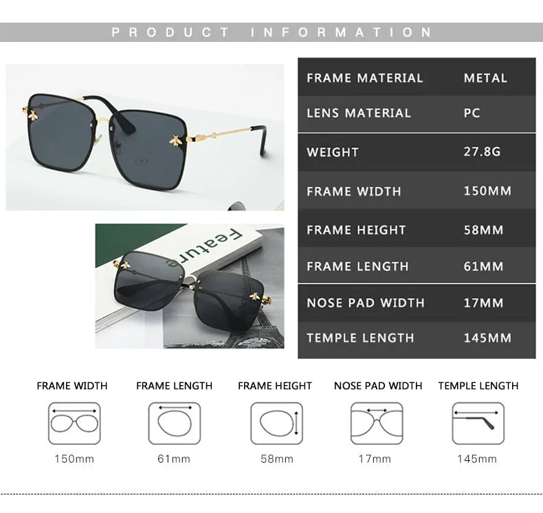 Oversize Rimless Square Bee Sunglasses Women Men Small Glasses Gradient Sun Glasses Female UV400