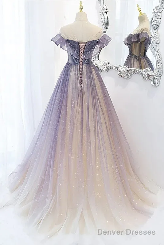 Purple Gradient A-Line Beaded Tulle Long Prom Dress, Floor Length Purple Evening Dress