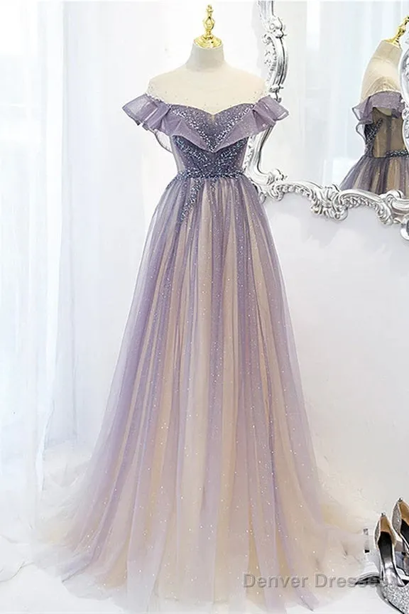 Purple Gradient A-Line Beaded Tulle Long Prom Dress, Floor Length Purple Evening Dress