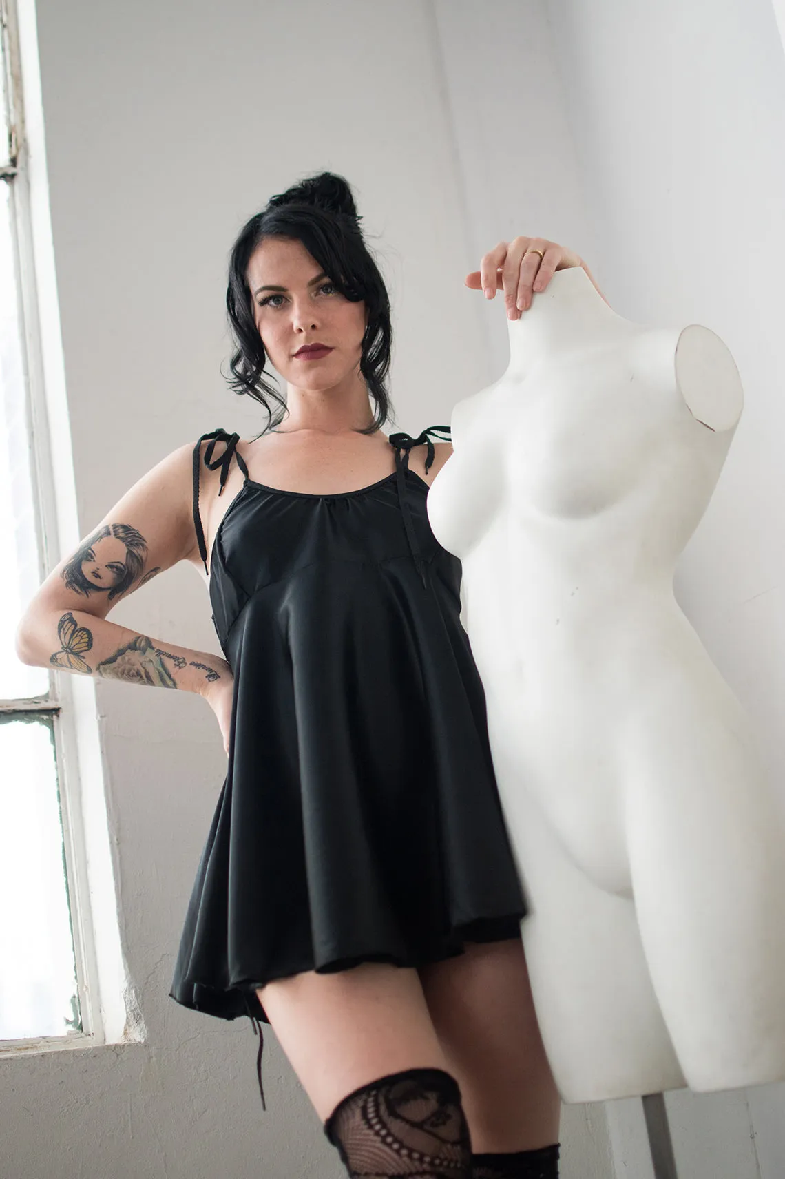 RETIRING 12/31 Contrarian Babydoll Slip Dress in Black Silk Charmeuse