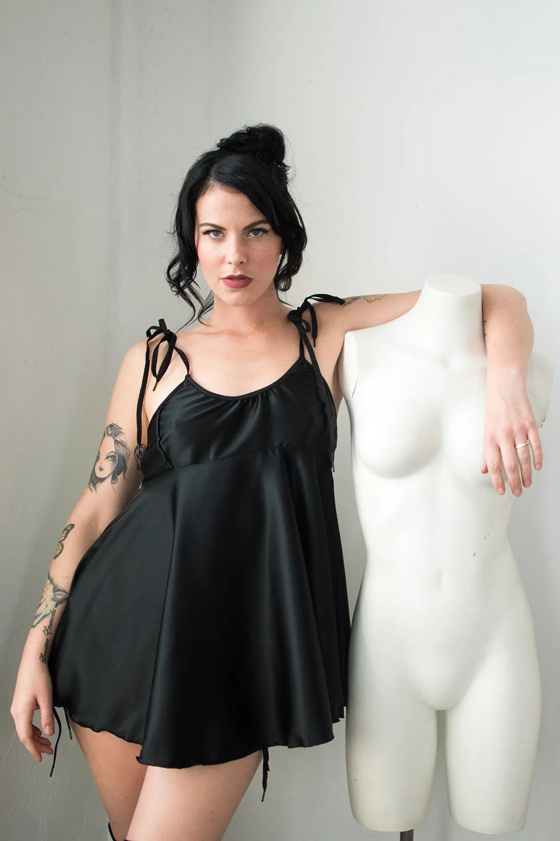 RETIRING 12/31 Contrarian Babydoll Slip Dress in Black Silk Charmeuse