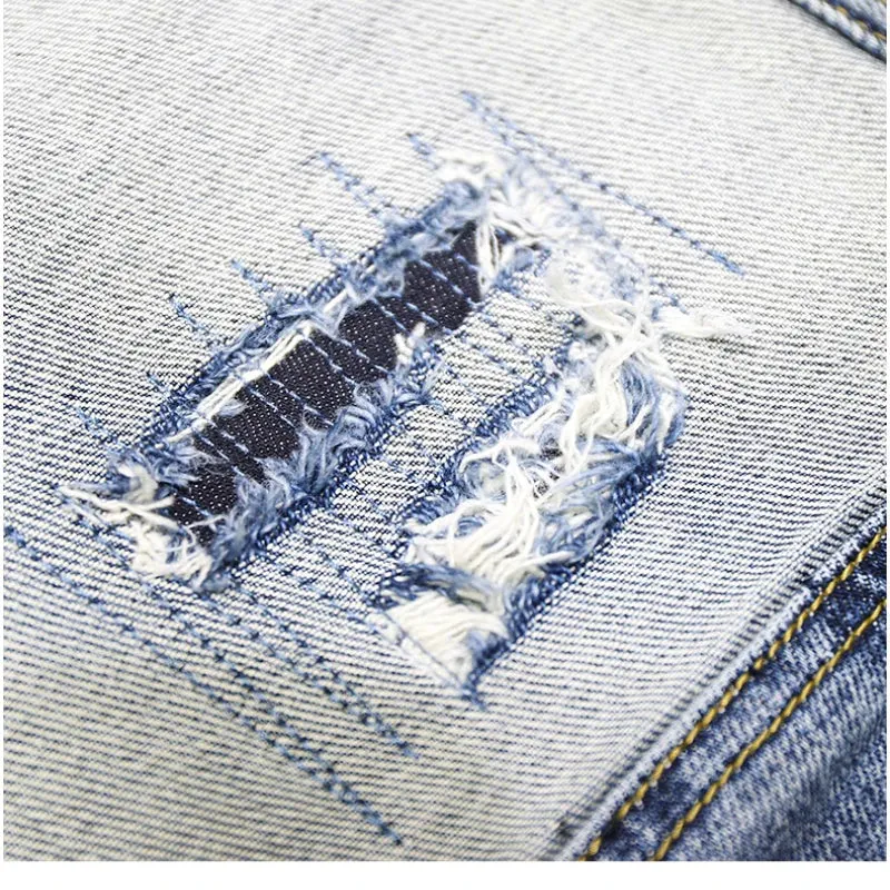 Ripped Patchwork Light Color Straight Jeans