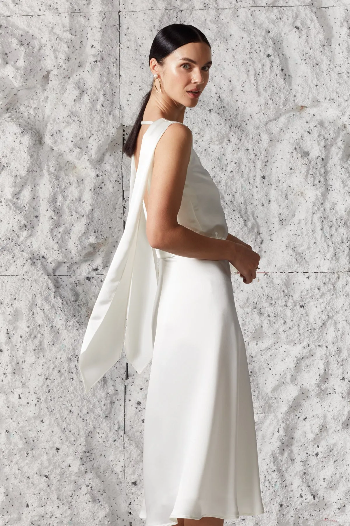 ROSA white satin midi dress with back ribbons