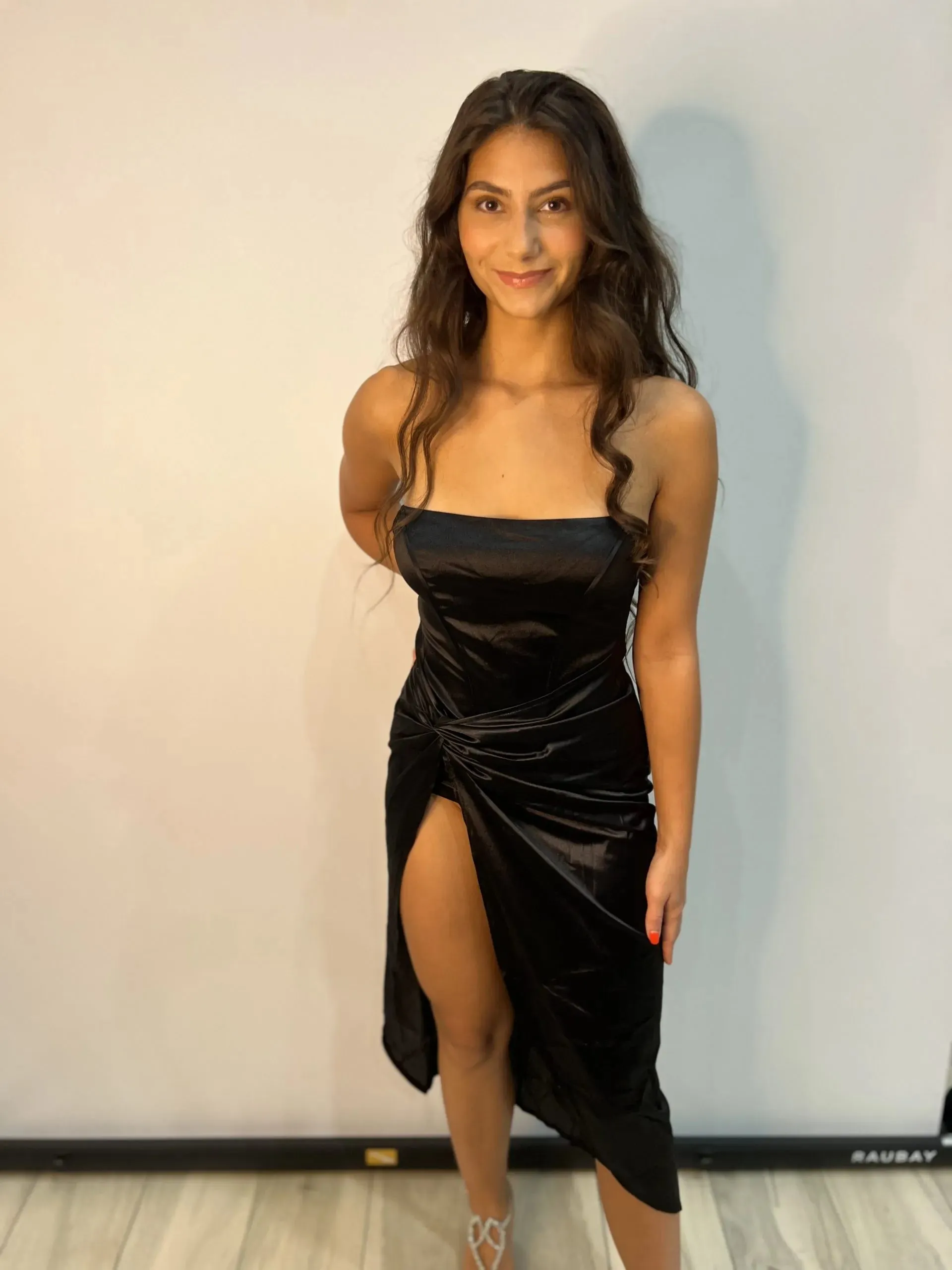 Satin Strapless Knotted Slit Dress