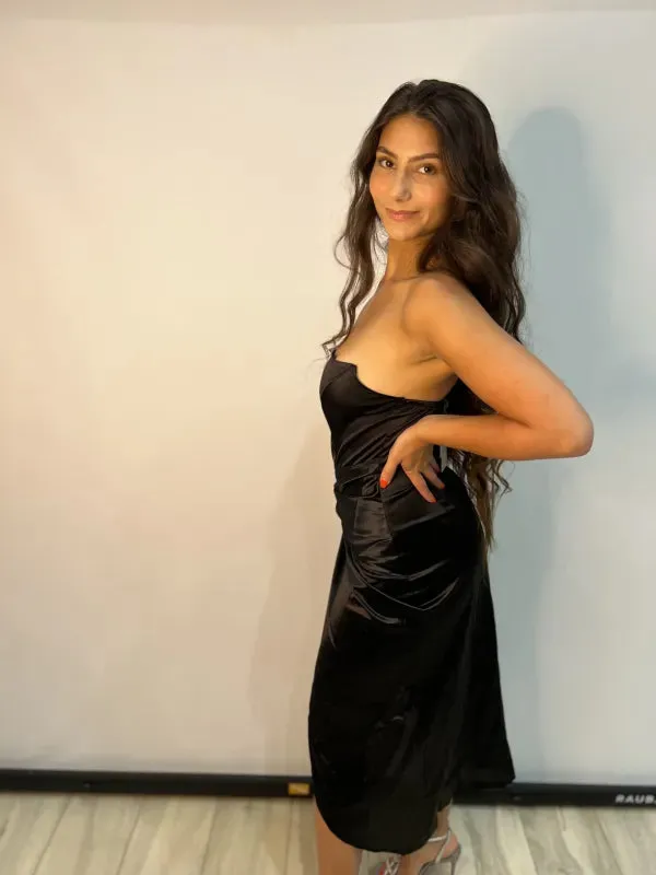 Satin Strapless Knotted Slit Dress