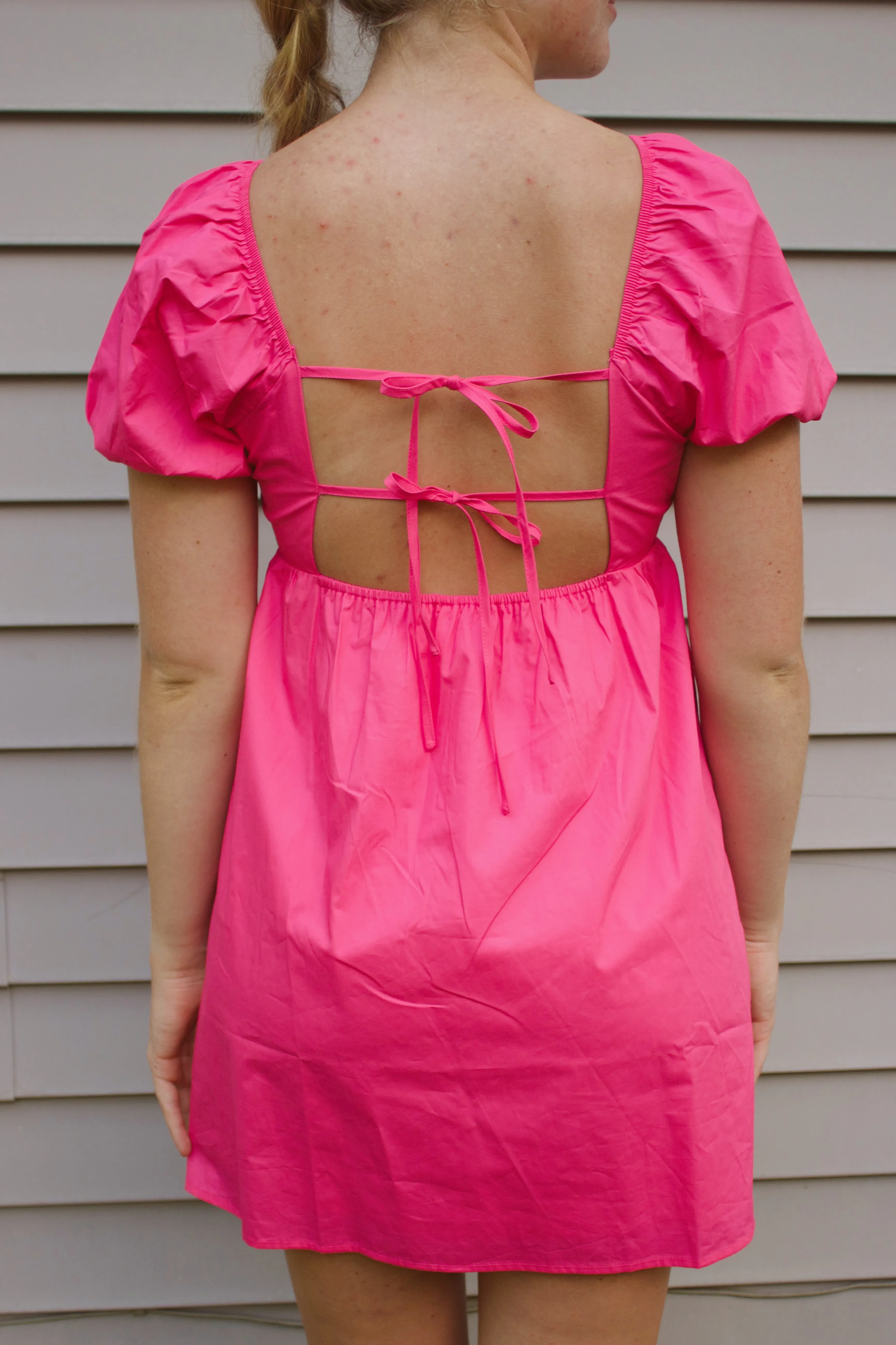 Short Sleeve Back Tie Detail Babydoll Dress – Fuchsia