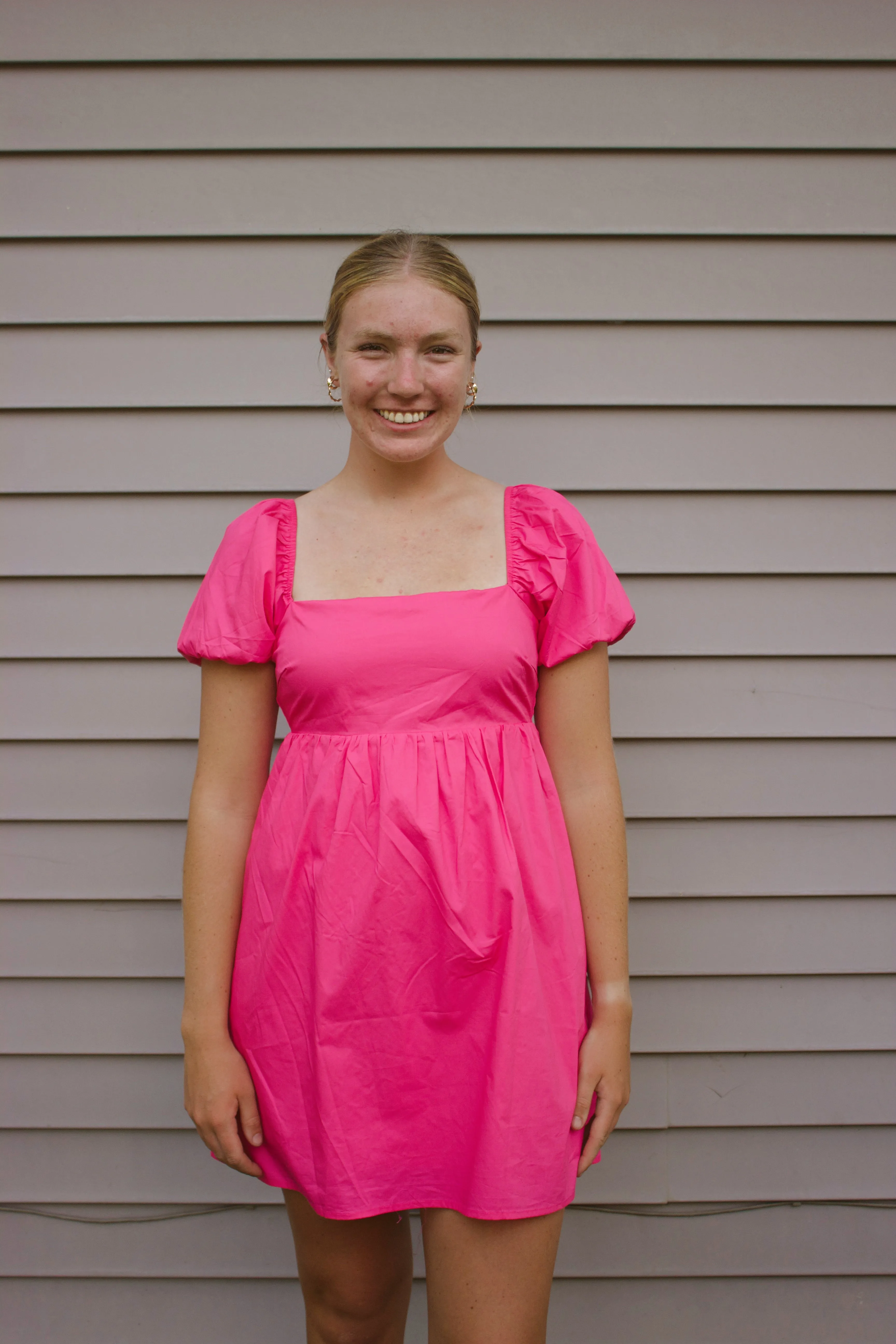 Short Sleeve Back Tie Detail Babydoll Dress – Fuchsia