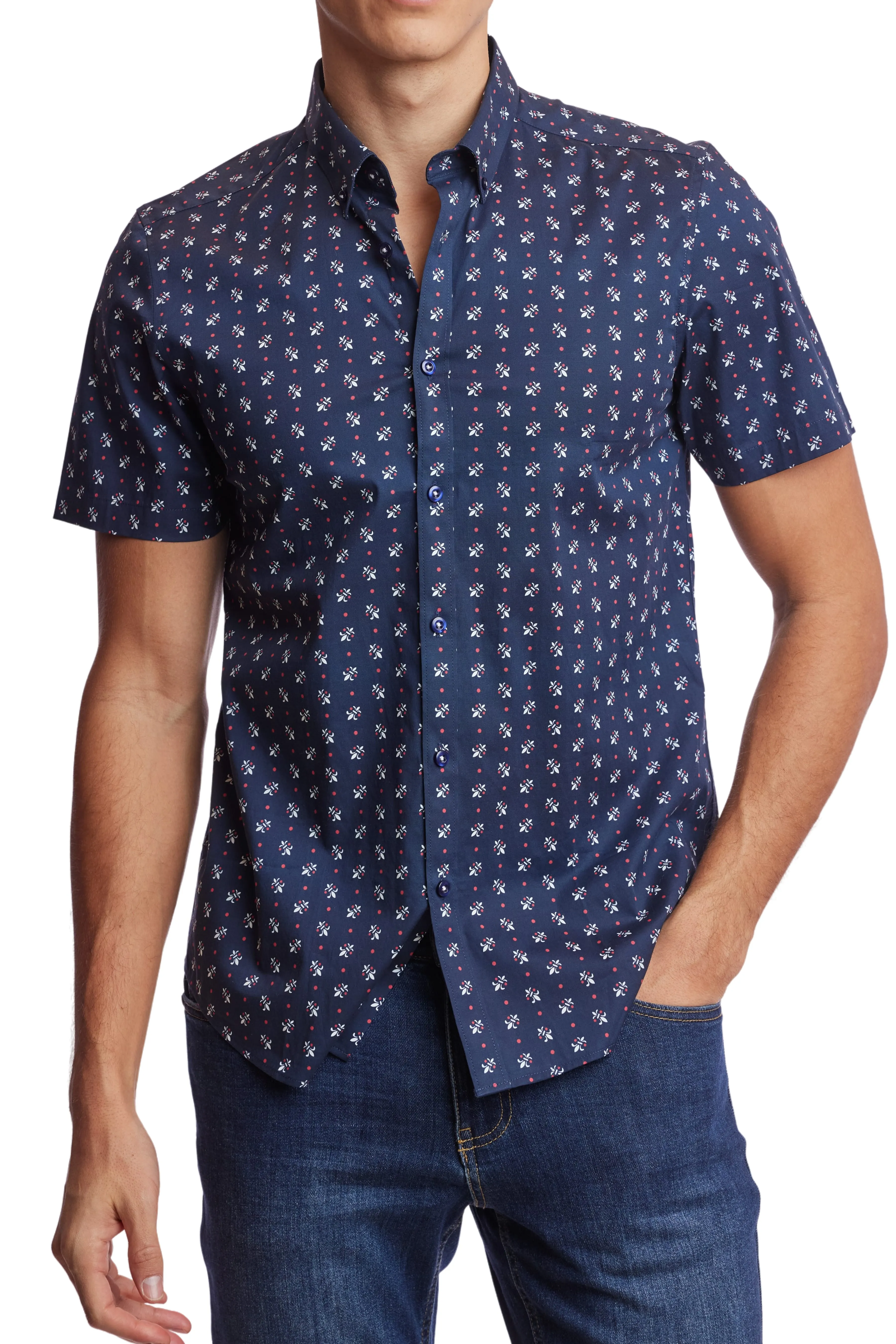 Slater s/s Button Down Shirt - Navy Fleur De Lis