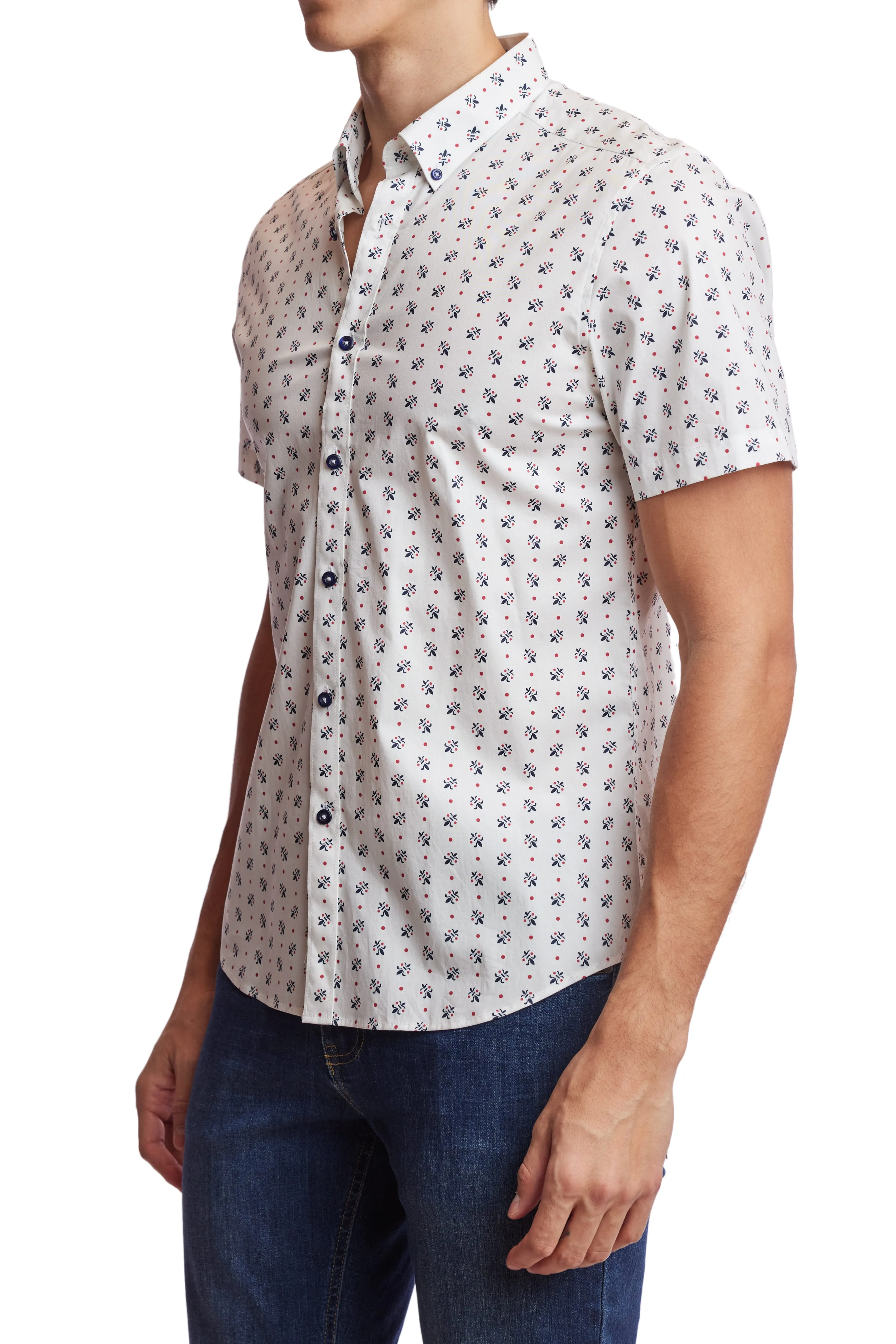 Slater s/s Button Down Shirt - White Fleur De Lis