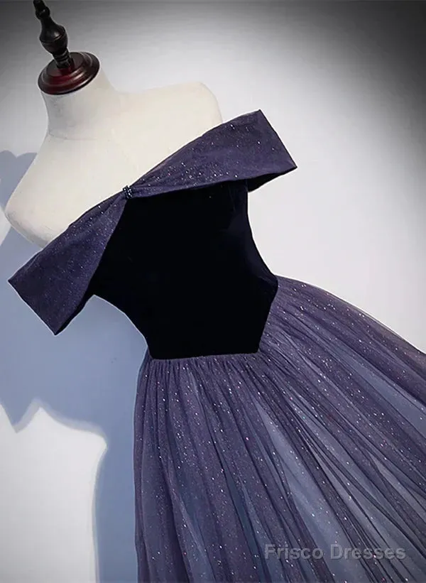Sparkling Purple Gradient Tulle Off Shoulder A-Line Purple Evening Dress Prom Dress Elegant