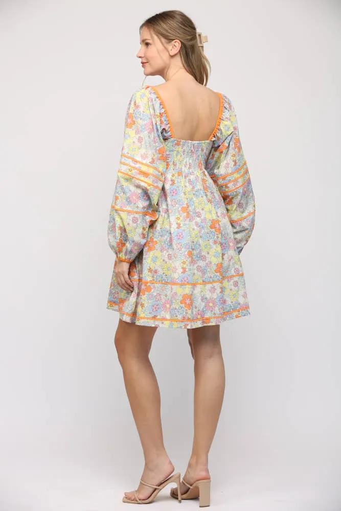 SQUARE NECK LINE FLORAL PRINT COTTON BABYDOLL DRESS