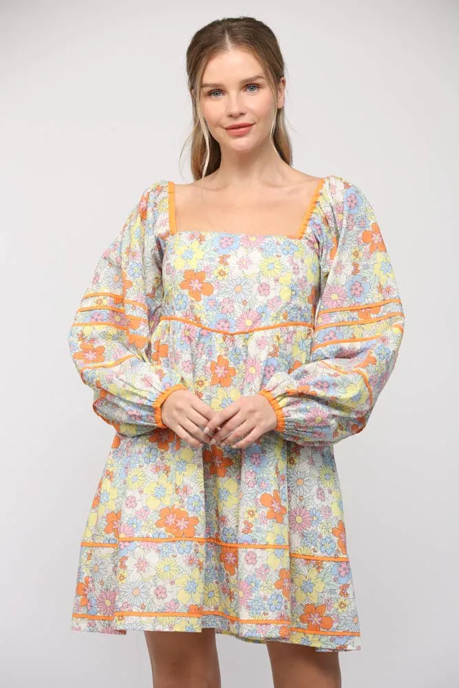 SQUARE NECK LINE FLORAL PRINT COTTON BABYDOLL DRESS