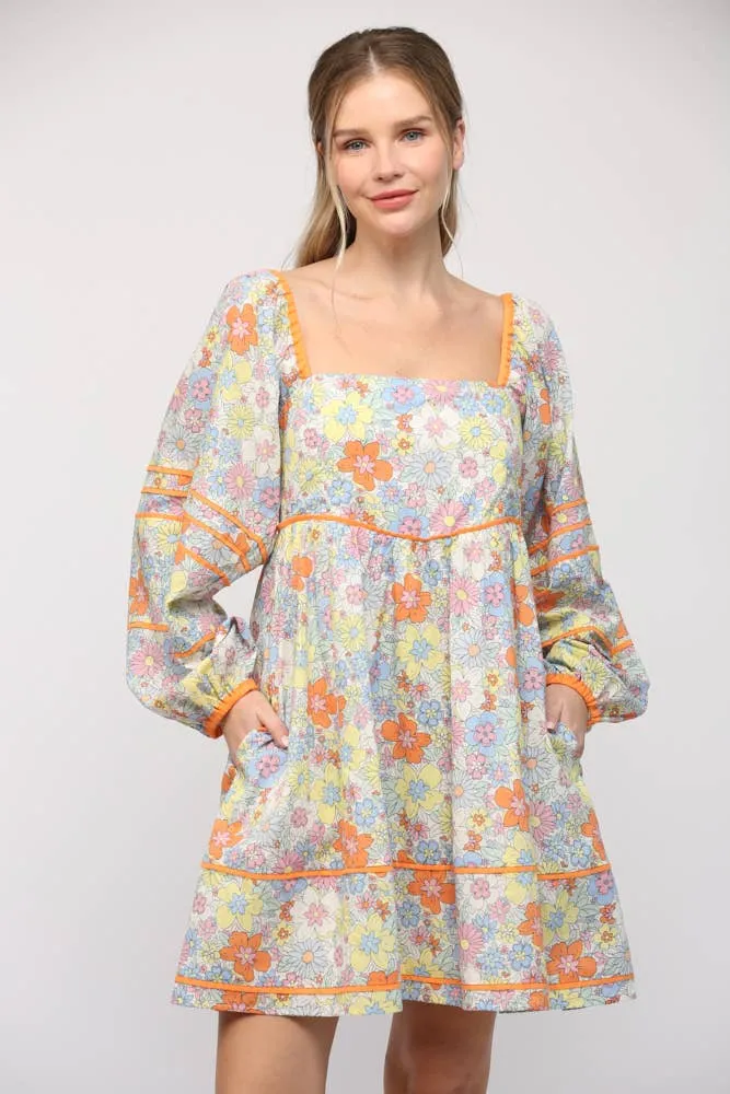 SQUARE NECK LINE FLORAL PRINT COTTON BABYDOLL DRESS