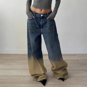 Streetwear Gradient Straight Leg Women Jeans Y2K Vintage Fashion Low Waise Denim Pants Distressed Contrast Color Chic